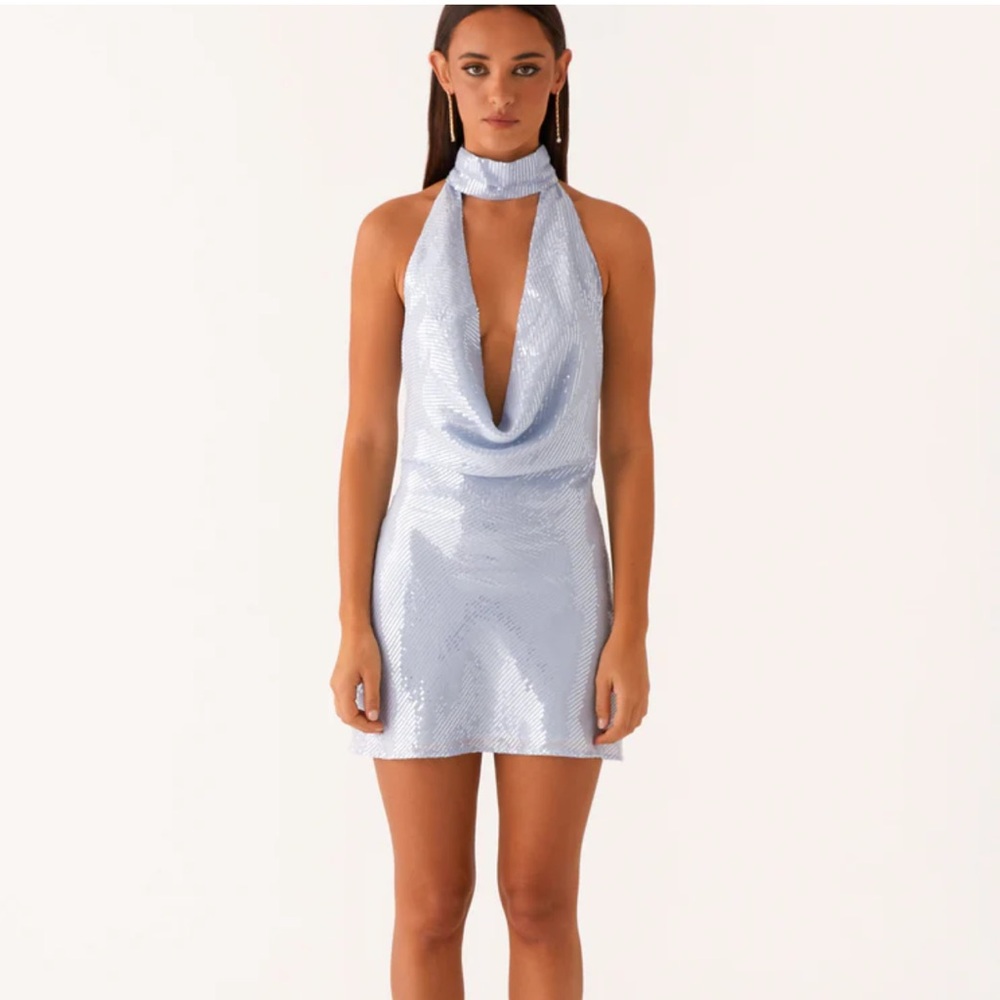 Peppermayo Light Blue Sequin Halter Mini Dress
